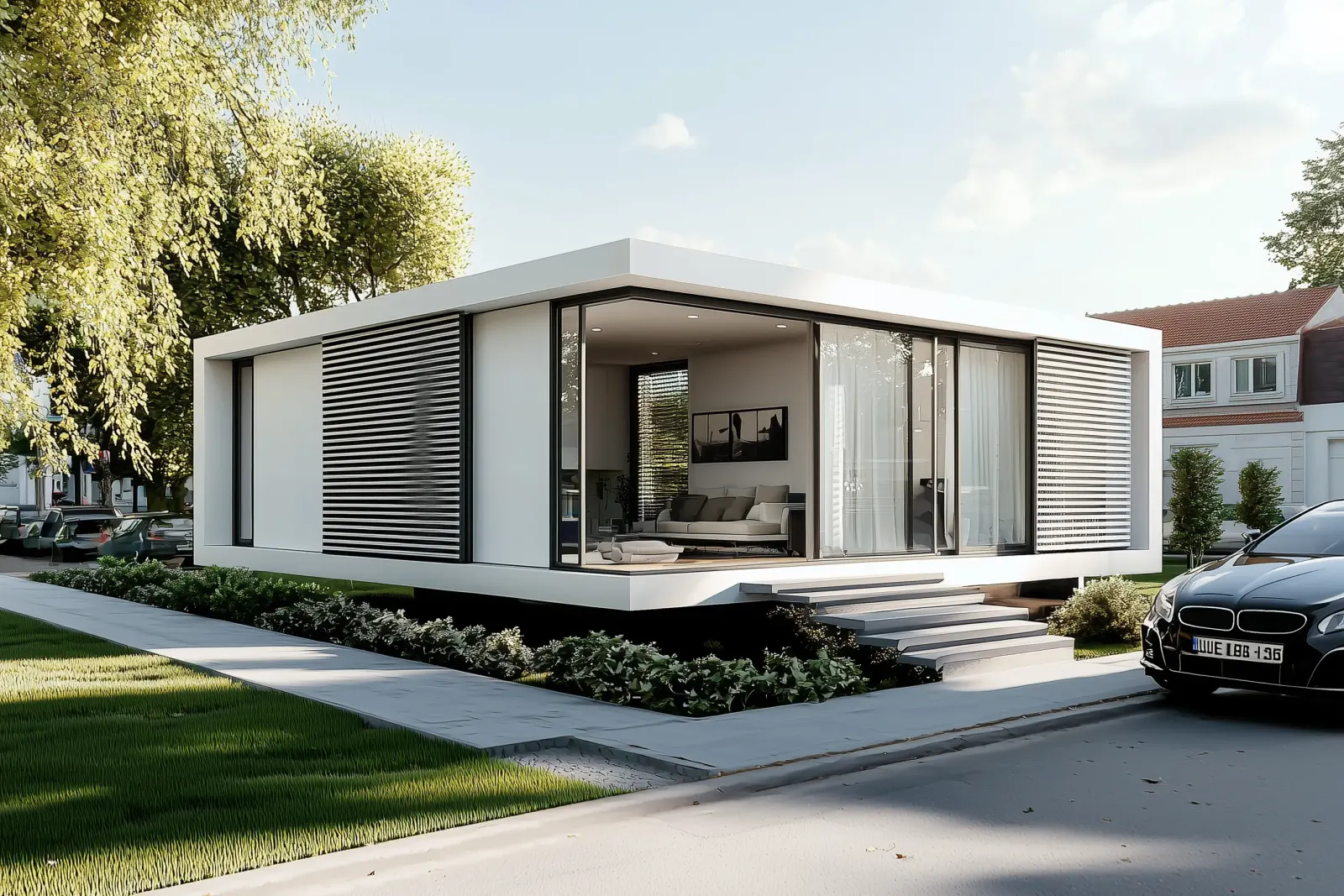 Casa pré-fabricada contemporânea de cobertura plana, com grandes vãos envidraçados